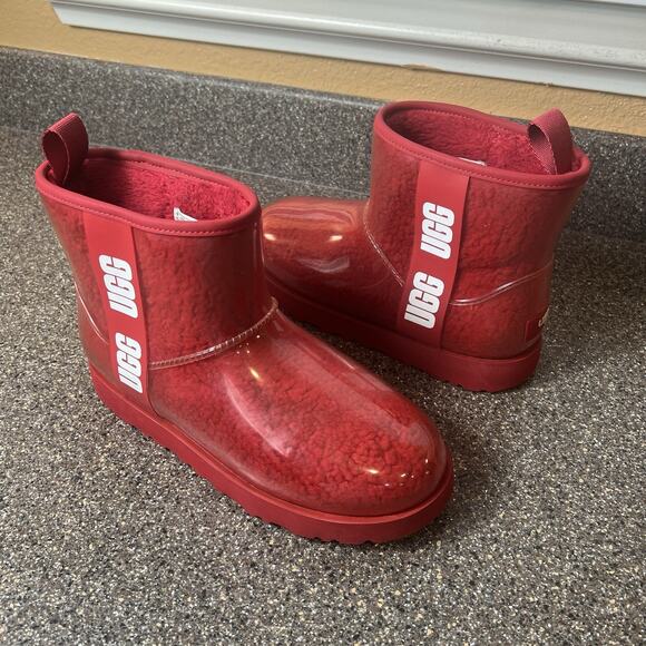 UGG Classic Clear Mini Waterproof Rain Boots Red Fleece Lined Women Sz 9 Pull On - Picture 1 of 10